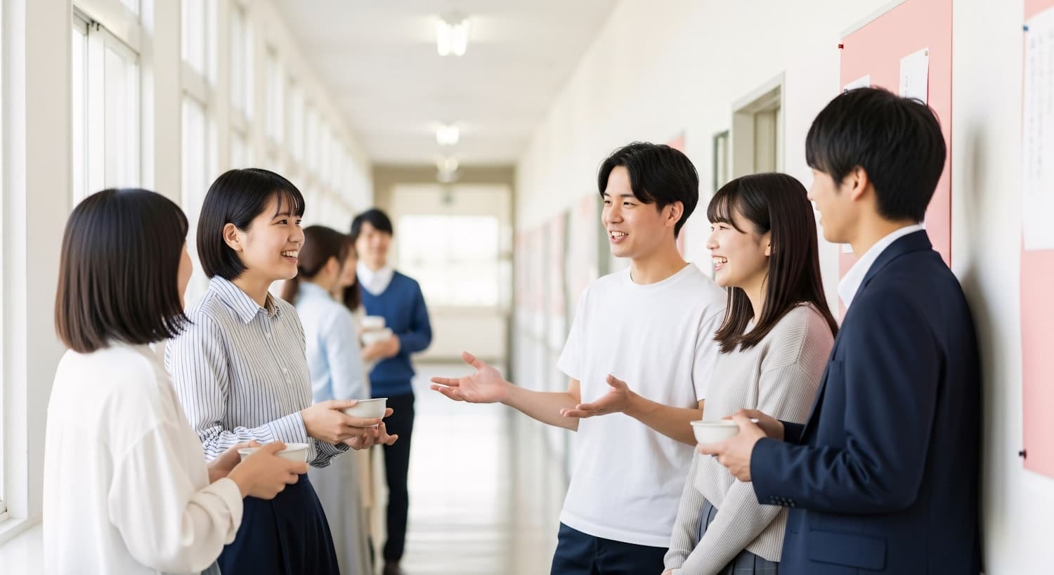 Habitants réunis et discutant dans le hall lumineux de leur résidence